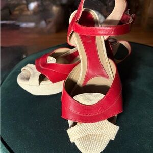 ♥️ Marni ♥️ Red Cream Women's Platform Sandals Linen Leather 39 Made in Italy 🇮🇹
